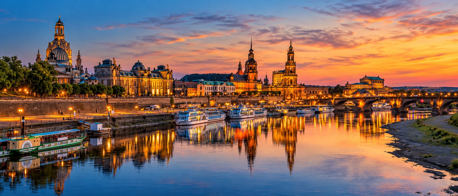 Dresdner Altstadt am Elbufer im Abendlicht mit Kunstakademie, Hofkirche, Schloss, Semperoper und Augustusbrücke
