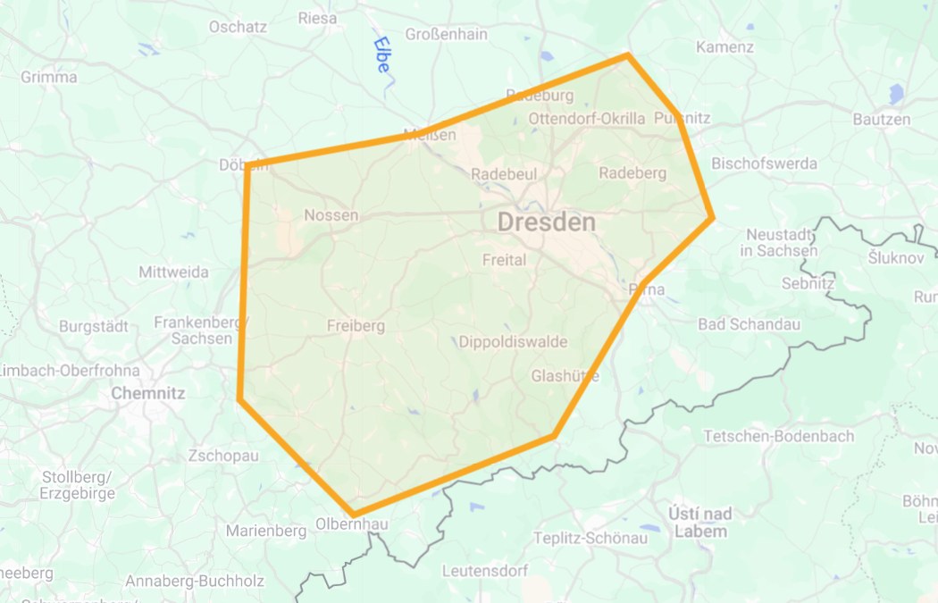 Karte des Suchgebiets rund um Dresden